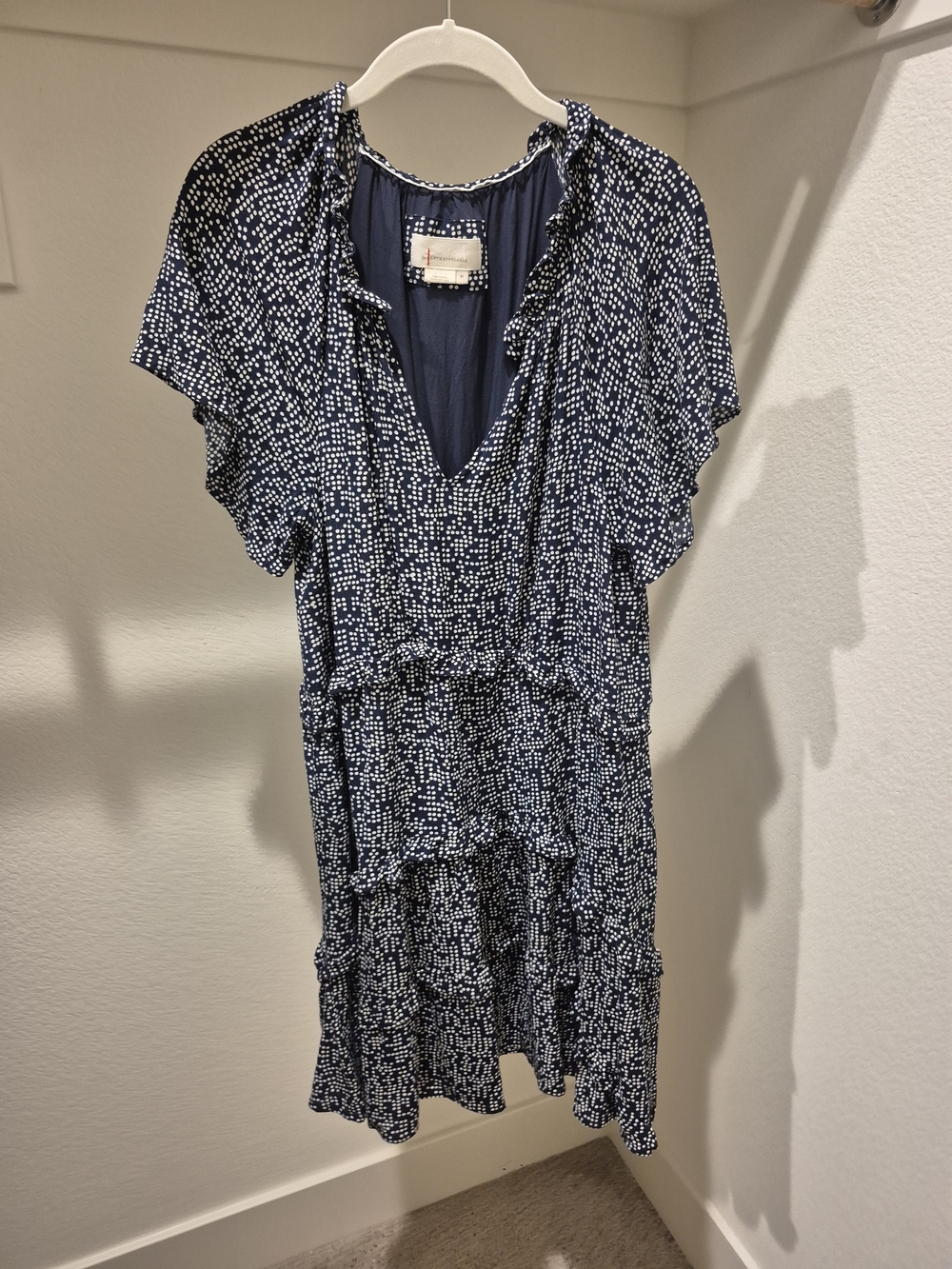 Anthropologie Navy and White Dot Tiered V-Neck Dress